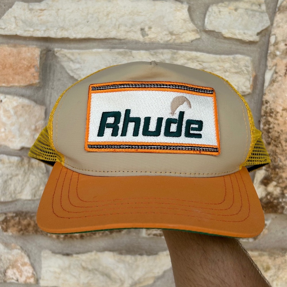 Rhude Mens Trucker Hat Tan Orange Yellow Mesh Snapback Logo Patch Cap